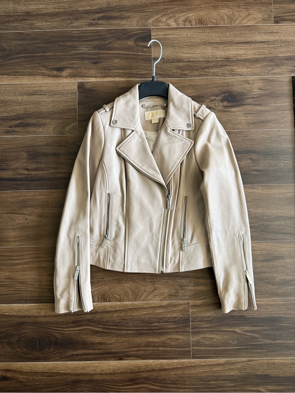 Michael Kors Beige Leather Moto Jacket with Asymmetrical Zip